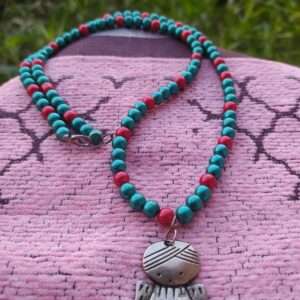 A red and turqoise necklace